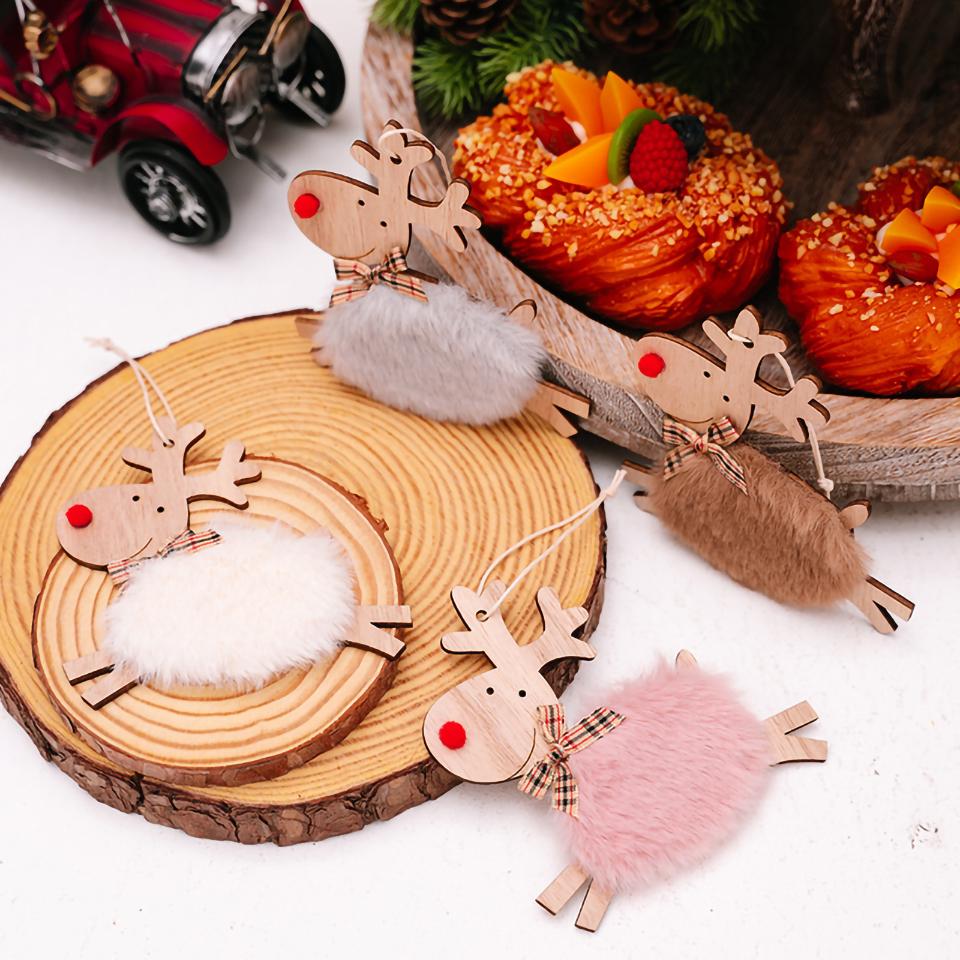 Christmas Elk Hanging Ornaments Wooden Reindeer Plush Pendants Christmas Tree Decor