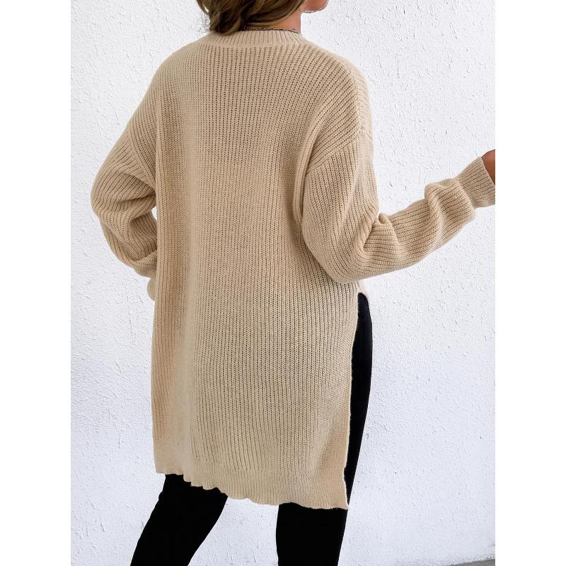 Women's Autumn Winter New Pullover Sweater Round Neck Split Knitted Casual Sweater