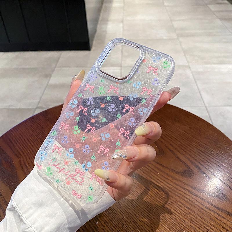 ins wind color flower bow girl heart glitter apple 15promax mobile phone case acrylic protective case