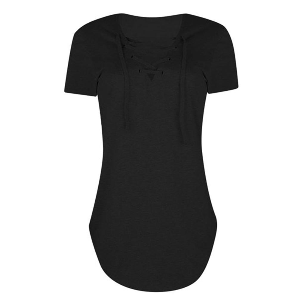 Women Lace Up V Neck Short Sleeve Tunic Top
