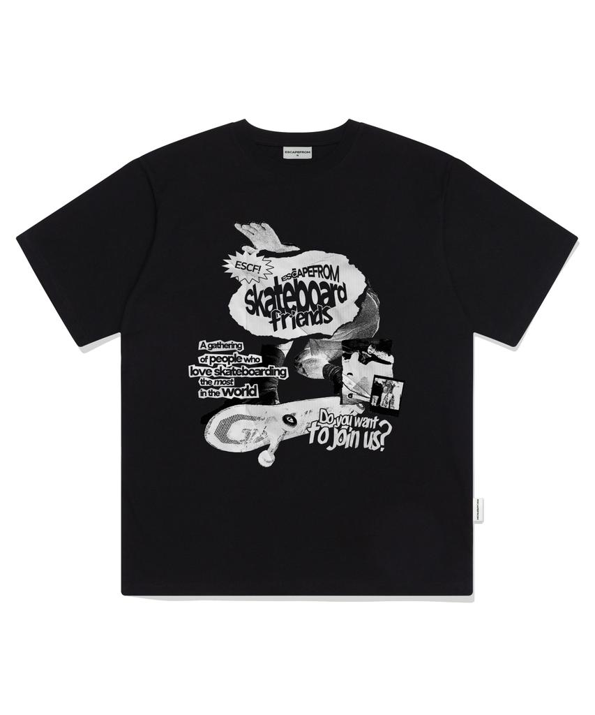 ESCAPEFROM Skateboarder Friends Print Oversized Short Sleeve T-Shirt Black