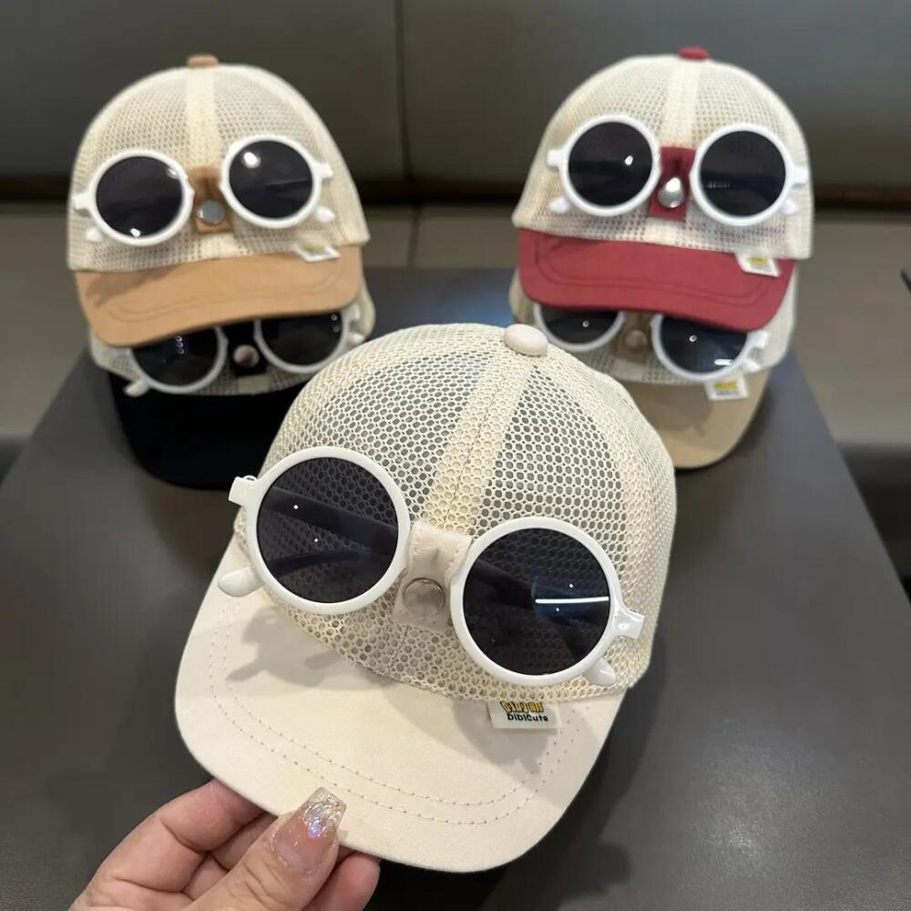Kids Summer Sun Hat Baseball Cap With Sunglasses Mesh Breathable Baby Boy Girl Sun Protection Bucket Hat Toddler Visor Cap