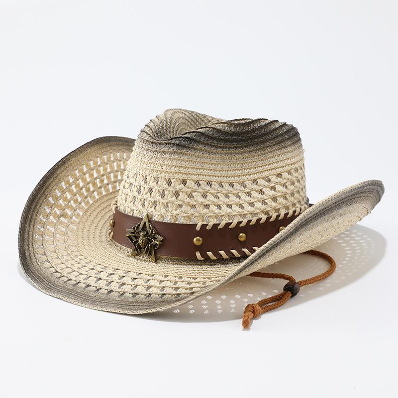 Western Cowboy Straw Hat Hollow Breathable European and American Jazz Hat Outdoor Sunscreen Sun Hat Panama Beach Hat
