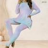 Women Plus Size Two Piece Set Round Neck Long Sleeve Colorful Printed Longline Top Fitted Pants