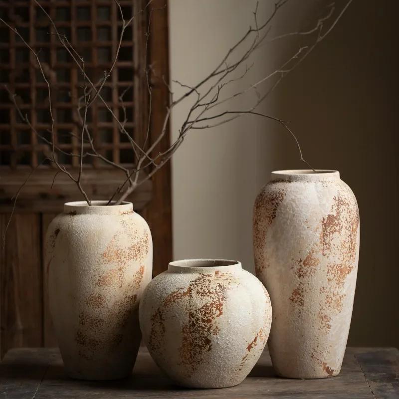 Chinese Decorative Ornaments and Ornaments Mottled Old Coarse Pottery Jar Entrance TV Cabinet Flower Arrangement Ceramic Vase