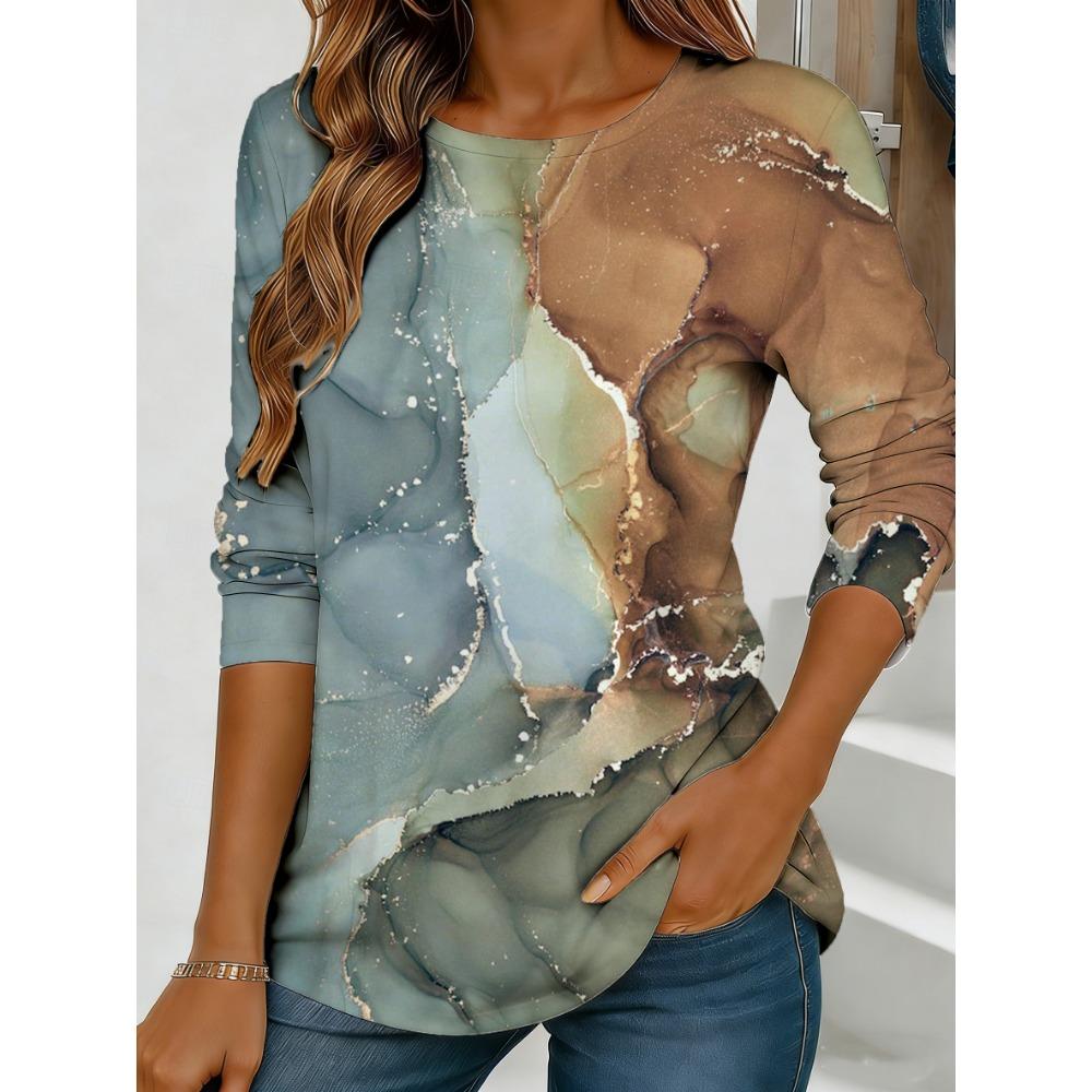 Women's abstract watercolor printed long sleeved loose top