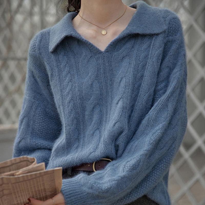 

Свитер с лацканами, женский свободный вязаный однотонный топ One size синий