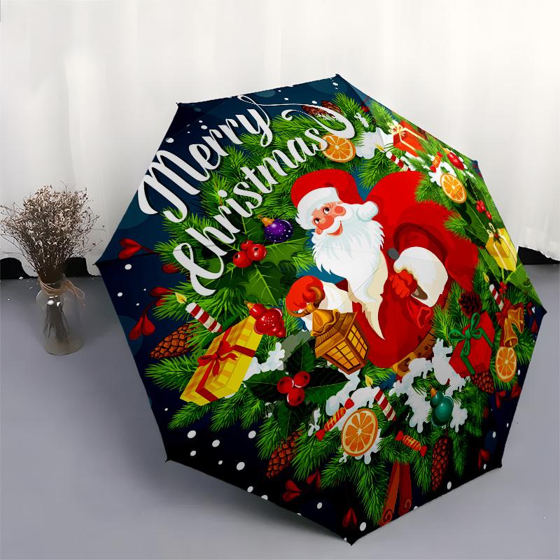 Merry Christmas Santa Claus Gift Circle StickerUmbrella, Portable 3-Fold Compact Umbrella,Christmas Gift ES418