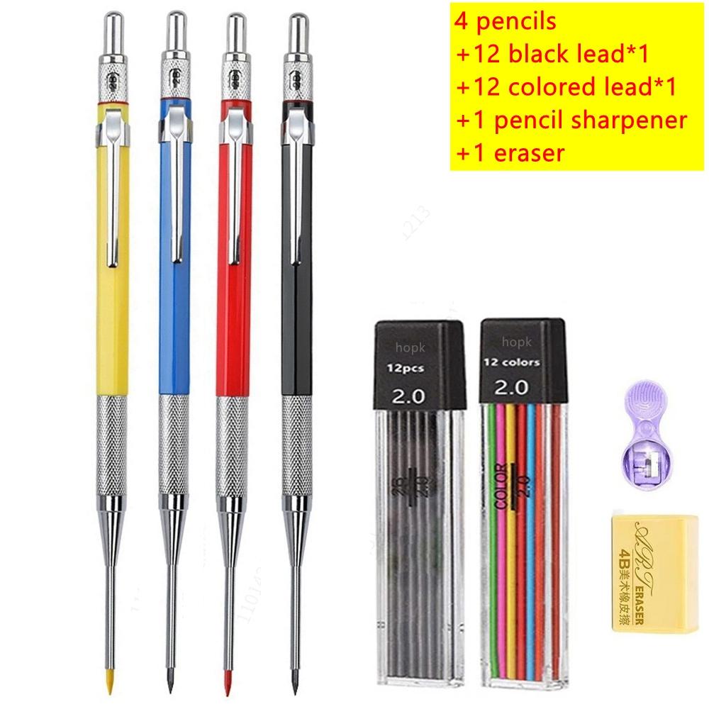 30mm Deep Hole Long Nib Mechanical Pencil Set Solid Carpenter Woodworking Tools 2.0mm 12 Colors Refill Construction Tools