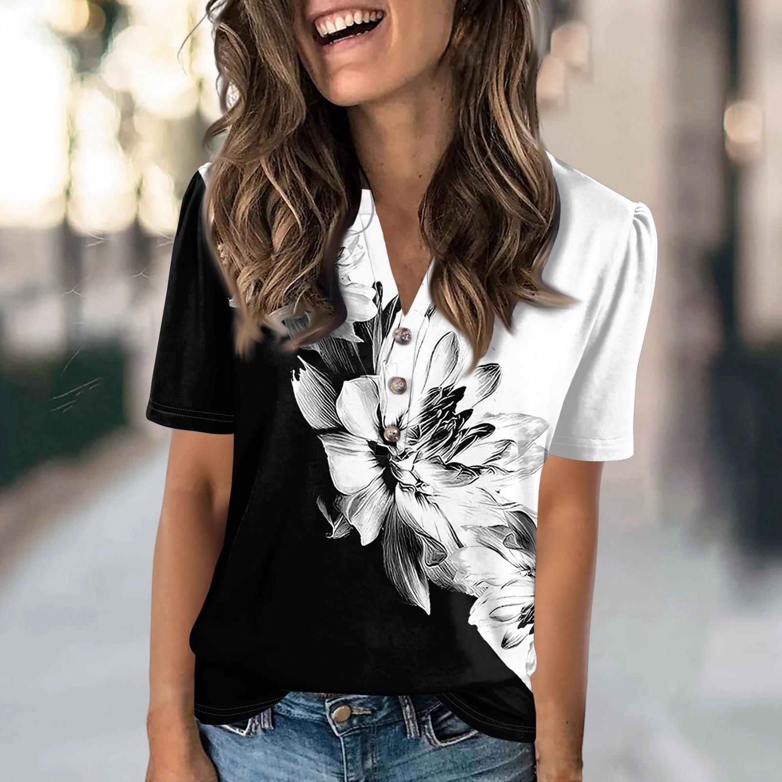 

Женская модная повседневная футболка с цветочным принтом, V-образным вырезом, коротким рукавом, на пуговицах XL белый
