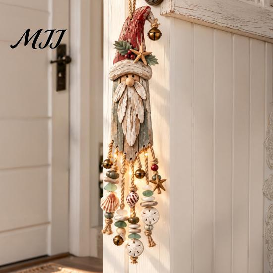 Coastal Style Christmas Window Light Santa Wooden Wall Hanging, LED Lighted Ornament with Rustic Ocean Flair Holiday Seashell, Starfish &