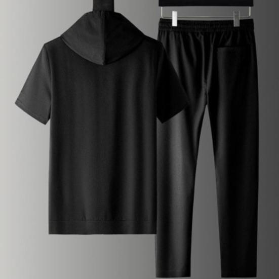 2 Pcs/Set Men Tracksuit Solid Color Drawstring Hooded Elastic Waist Super Breathable T-shirt Pants Set Daily Clothing