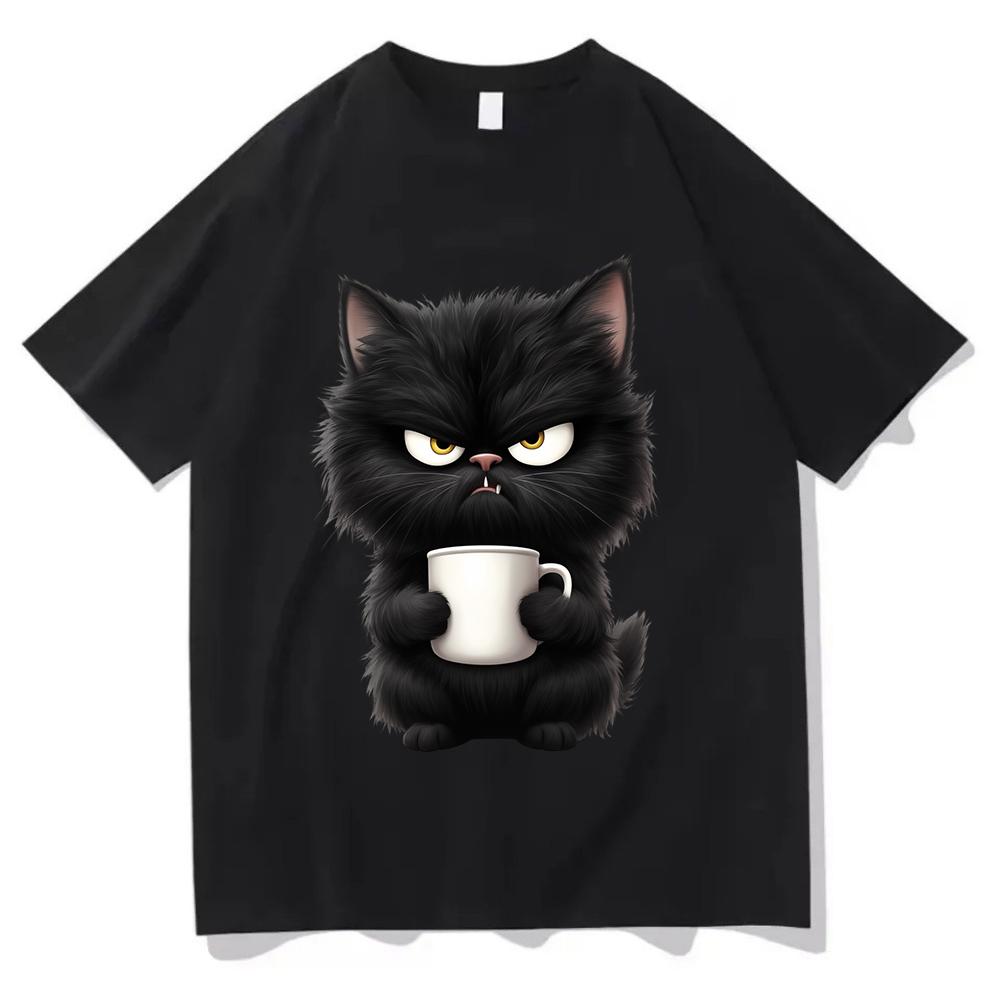 Angry Black Cat Drinking Coffee T Shirt Funny Animal Graphic Tee Vintage Aesthetic Harajuku Streetwear Top Casual Unisex Tshirt