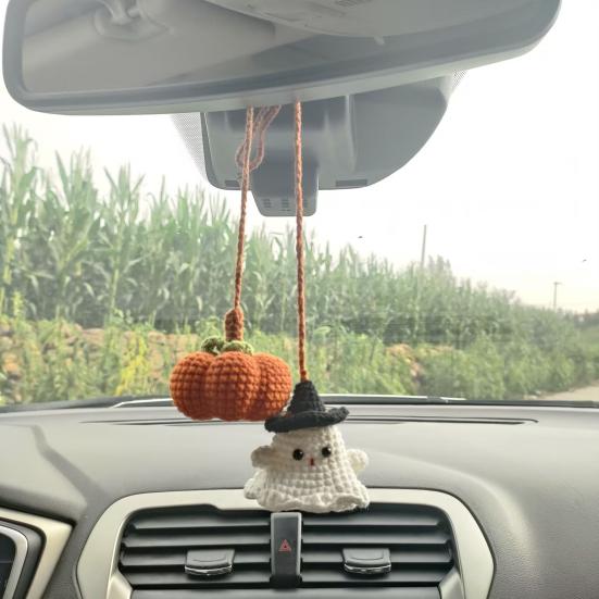 Halloween Crochet Pumpkin And Ghost Car Pendant Handmade Mini Knitted Ghost Pumpkin Hanging Ornament for Car Rear View Mirror Interior Accessories