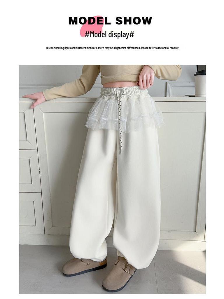 Girls' Spring 2025 Casual Sweatpants: New Style Mesh-Spliced Wide Leg Sports Pants for Kids