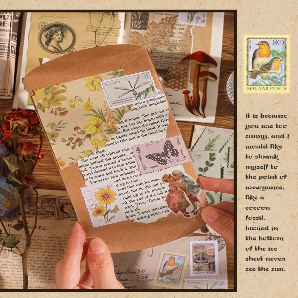 1pack/48pcs Stamps Stickers Retro Literary Decoration Material Diy Handbook Card Collage Landscaping Stickers Self-adhesive Sealing Stickers