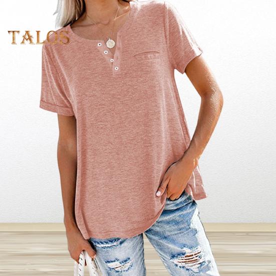 Damen Sommer T-Shirt V-Ausschnitt Kurzarm Knöpfe Ausschnitt T-Shirt Einfarbig Loose Fit Pullover Tops mit Tasche Streetwear