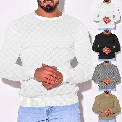 Men's Autumn and Winter Men's Knitted Heavy Jacquard Checkerboard Checkerboard Round Neck Knit Shirt Bottom Long Sleeve Tops