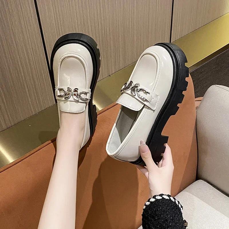 New Women's Patent Leather Thick Sole Loafers Square Heel Round Head Metal Decoration Ladies Shoes Anti-slip Comfortable Leisure