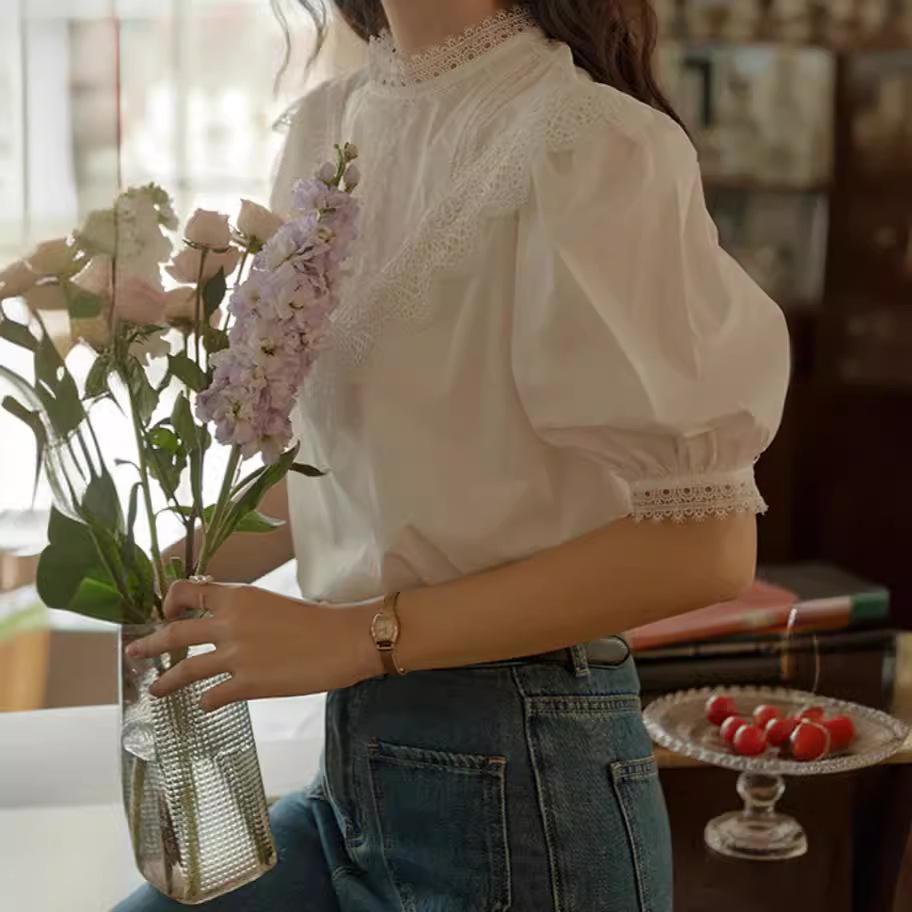 

Белый кружевной топ с рукавами-фонариками во французском стиле для женщин Small белый