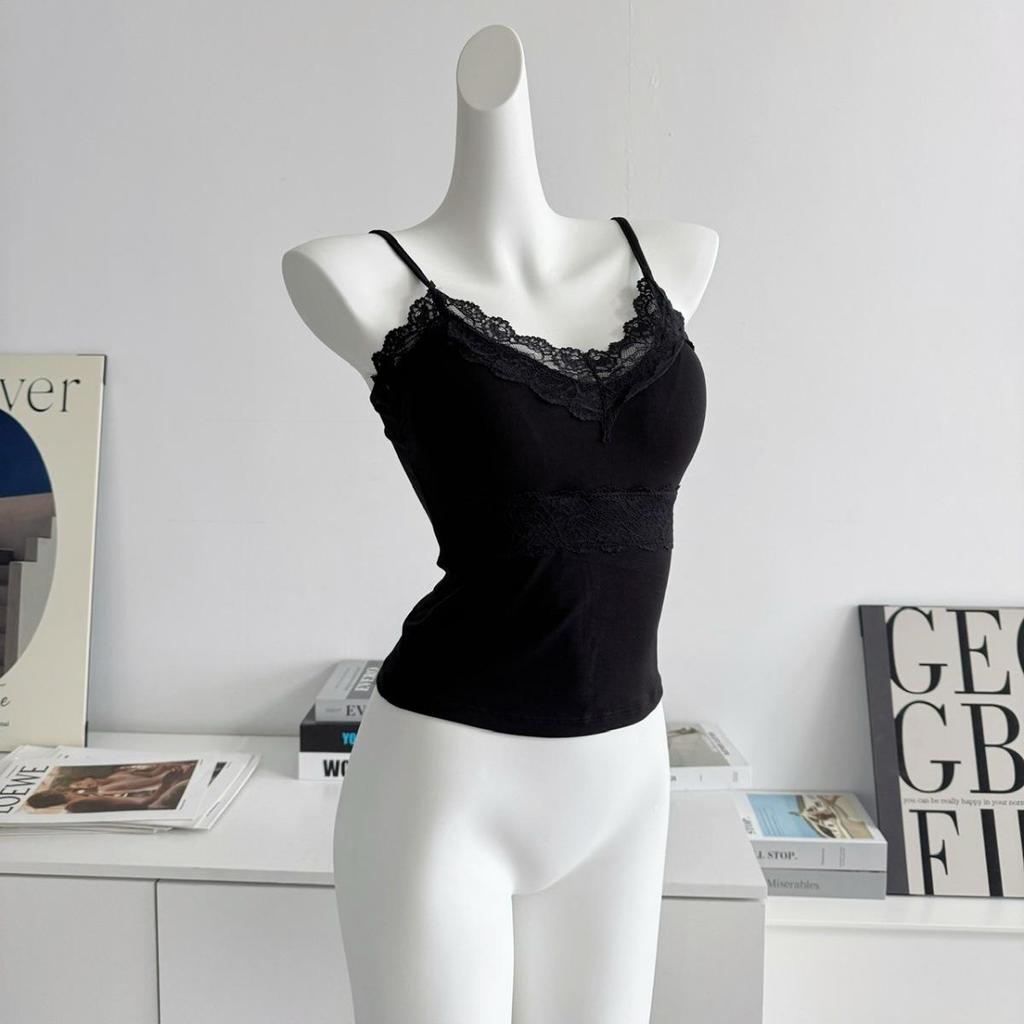 Elegant White V-Neck Lace Camisole with Chest Pad for Women