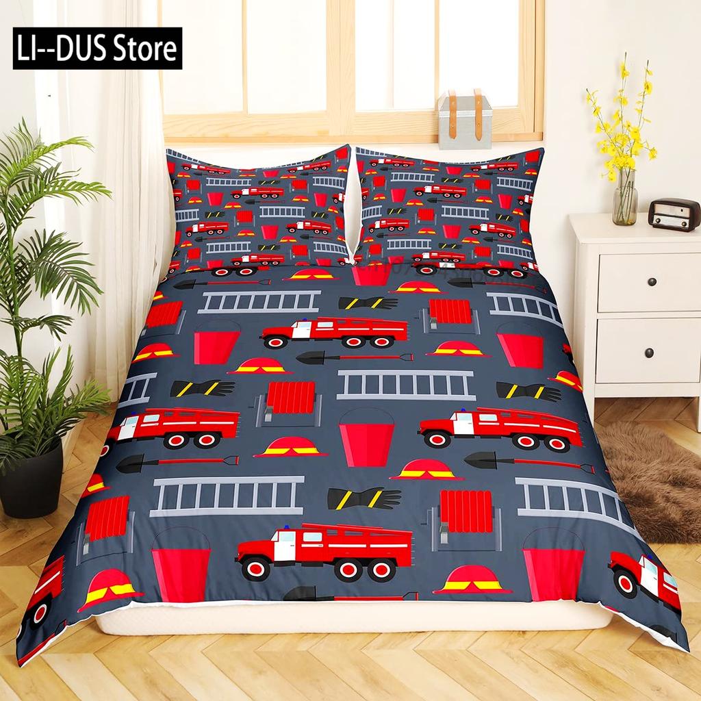 Fire Truck Duvet Cover Set Twin Size Red Firemen Car Vehicle Bedding Set Fire Engine Pattern For Boys Tire Printing Quilt Cover