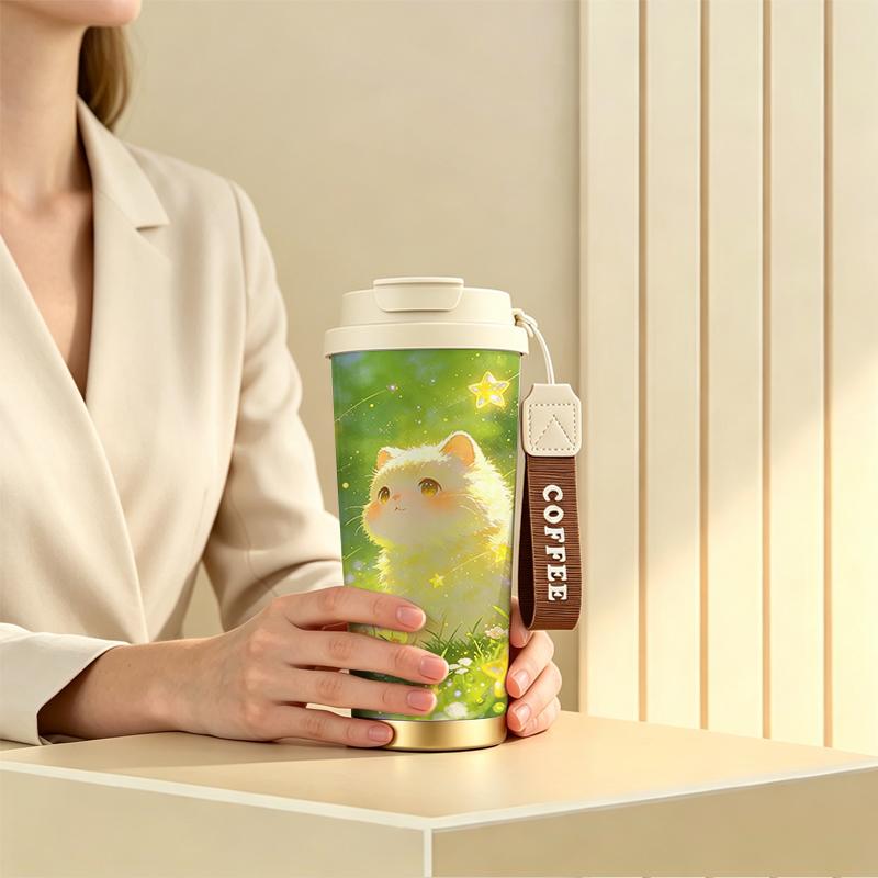 Coffee Mug 532ml Orange Cat Flower Field Star Motif Outdoor Travel Thermos Car Handy Cup Portable Travel Coffee Mug Premium Gift Water Cup Coffee Mug 532ml