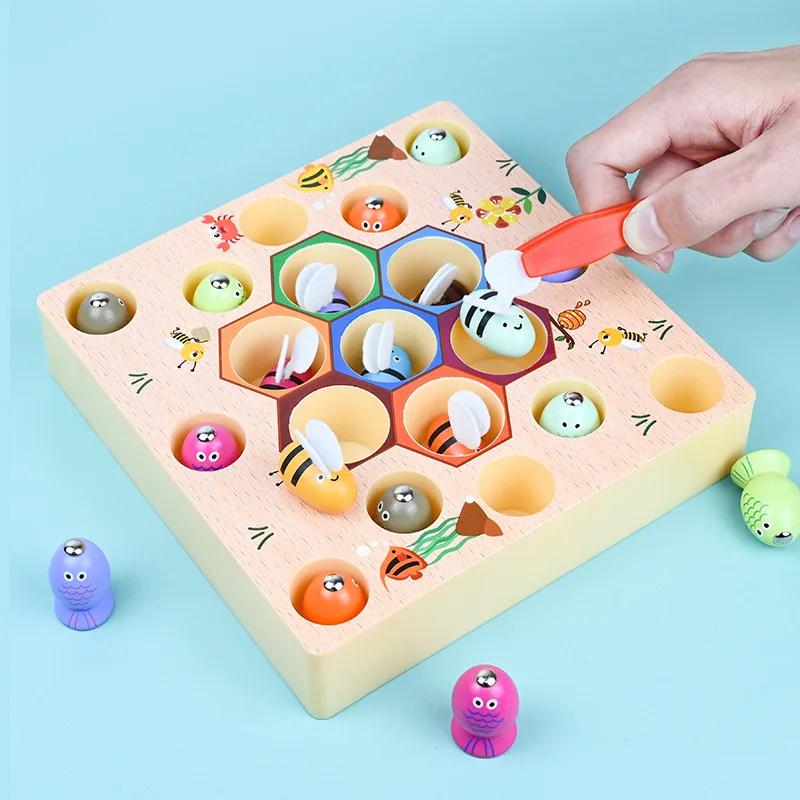 Educational Magnetic Fishing Game 2-in-1 Match And Clip Beads Color Recognition Wooden Toy for Children's Early Learning