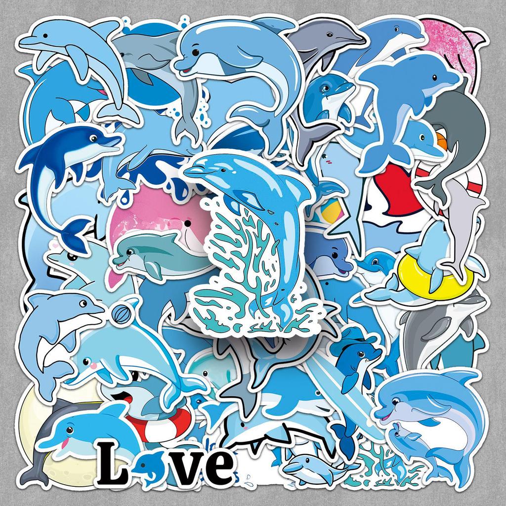 Dolphin & Marine Life Cartoon Stickers - Waterproof Decoration for Cups, Journals, and Luggage (50 Pieces)