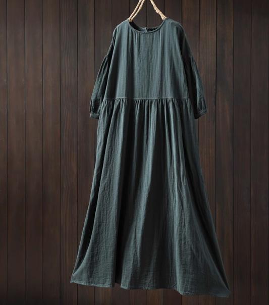 Johnature Women Vintage Dresses O-Neck Half Sleeve Soft Solid Color Summer Casual A-Line Female Dress