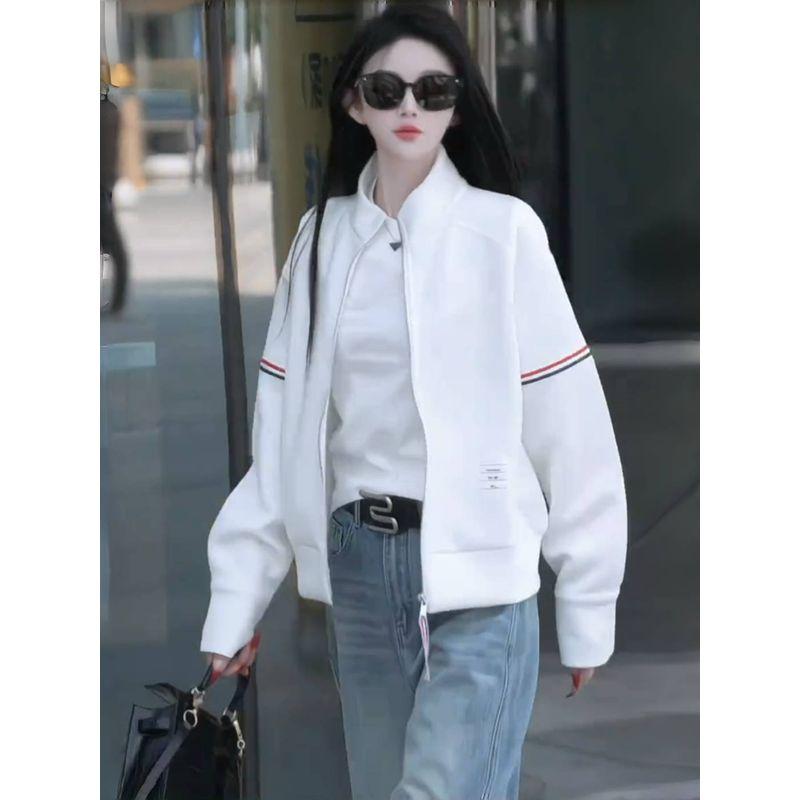 

European Goods Fancy Mixed Color Stripe Baseball Uniform Outwear Women s Clothing 2025 Fall New Arrival Loose Short Sweatshirt Jacket Picture Color L