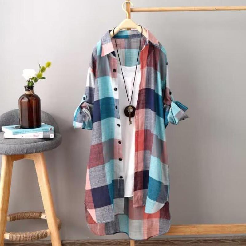 Sunscreen Shirt Women's Medium and Long Large Size Women's Clothing Loose and Skinny Fashion Plaid Shirt Women's Casual Jacket