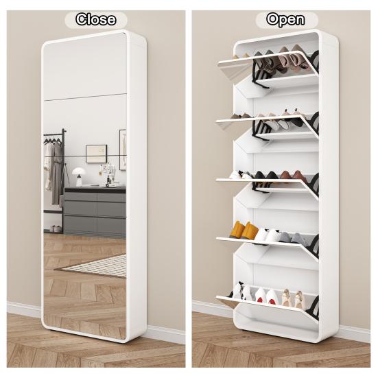 Mirror Shoe Rack Cabinet with 5 Flip Drawers, Mirrored Shoe Cabinet with Arc Design, Freestanding Tipping Shoe Organizer, Entryway,