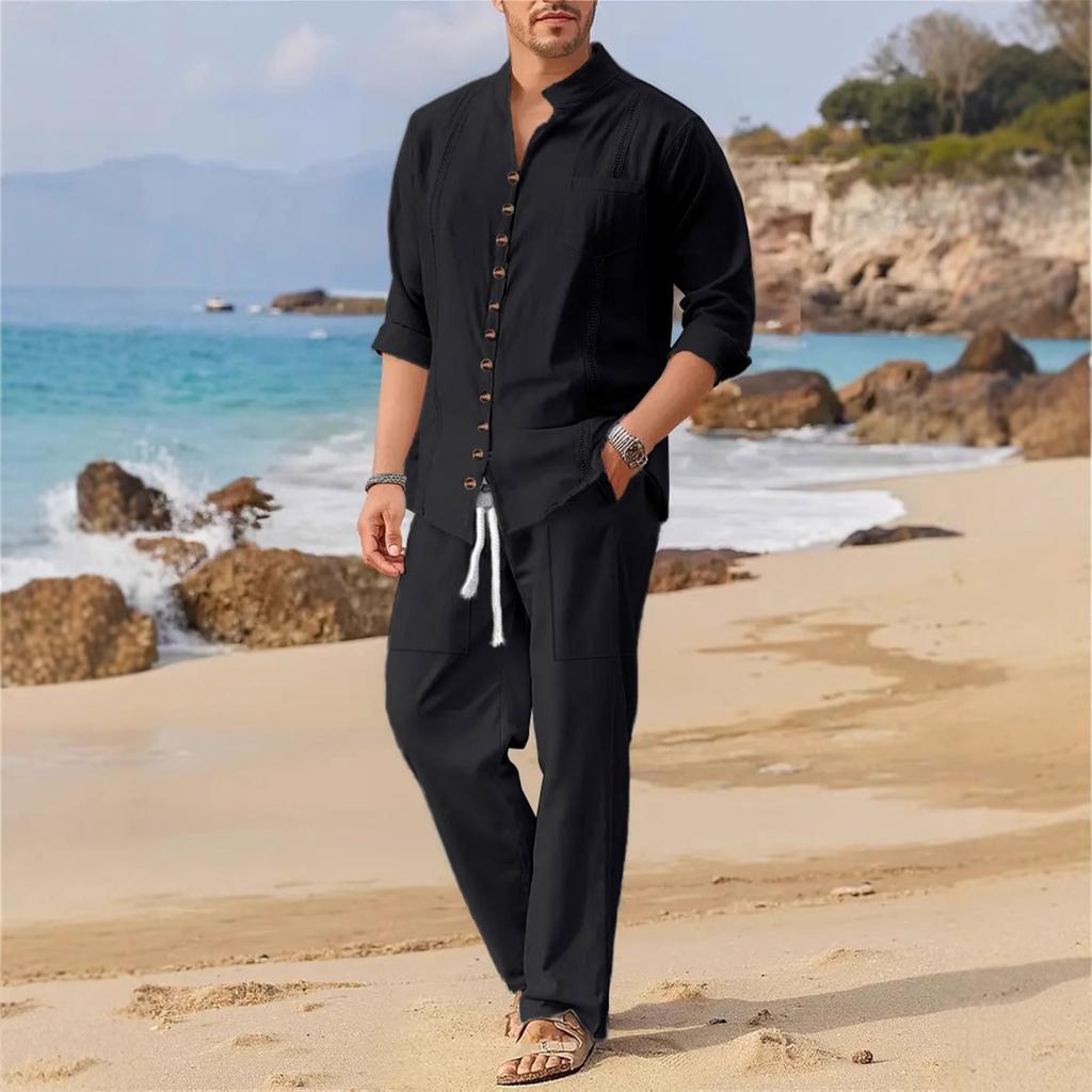 Men's Shirt And Trousers Suit Men's Casual Loose Long Sleeved Trousers Beach Suit