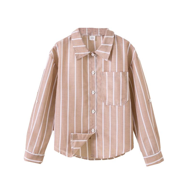 Children Shirt 2025 Autumn New Boys And Girls Casual Color Block Vertical Striped Outerwear Base Long Sleeve Shirt Top