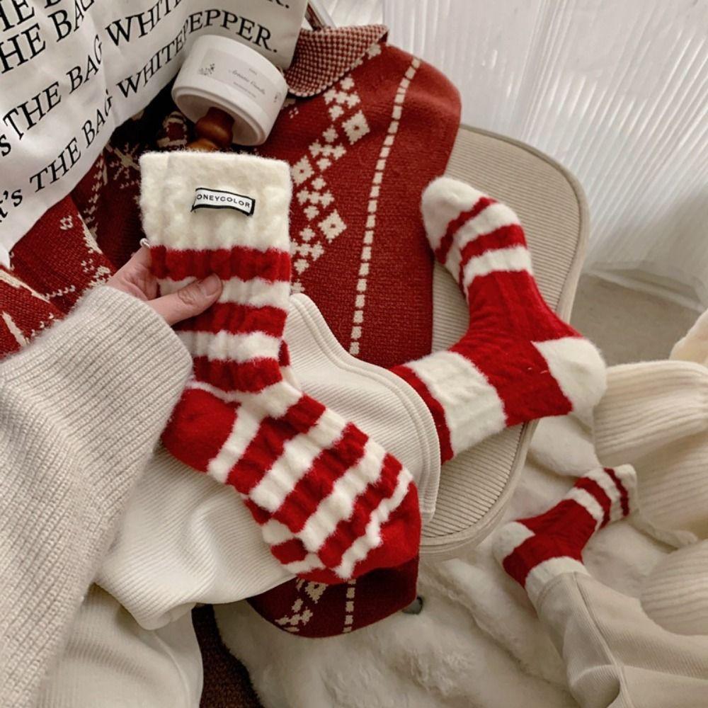 

Plush Thermal Sleep Sock Thicken Red Stripe Socks New Mink Velvet Socks 6