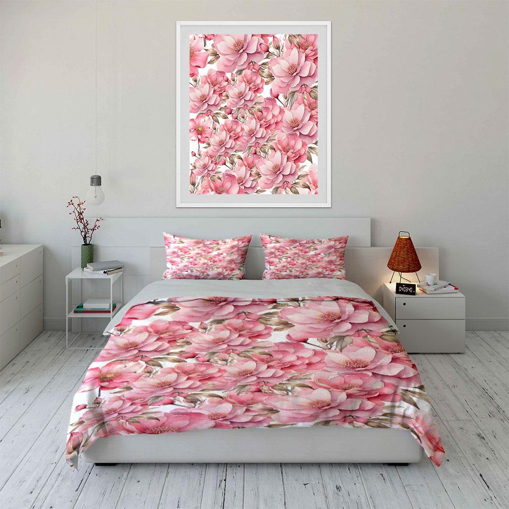 Elegant Pink Floral Pattern Duvet Cover Set With 3D Printing Design Soft Polyester Bedding Set All-Season Comfort For Gifts