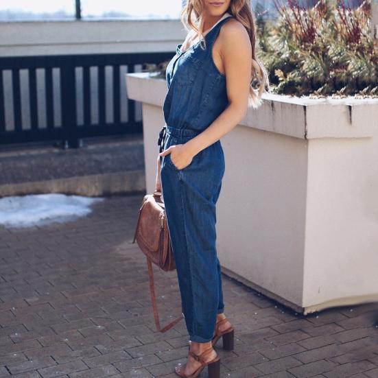 Sommer Damen Mode Ärmellos Jeans Jumpsuit Denim Latzhose Lange Hose Strampler