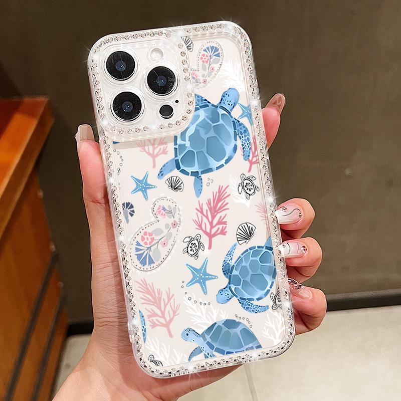 Conch Shark Pattern Clear Silicone Case For iPhone 16E 16 Pro 15 Pro Max 14 13 12 11 Diamond Frame Soft Shockproof Transparent Phone Cover