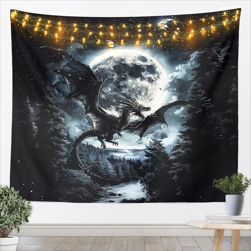Chinese Dragon Kids Tapestry,Sakura Flowers Waterfall Natural Wall Tapestries,Girls Boys Room Decor,Cherry Blossom Lake Romantic