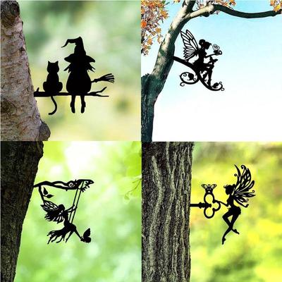 1pc Iron Silhouette Cute Witch and Cat Garden Stake Yard Art Decor for Garden Lawn Courtyard, Tree Stump Plug-in