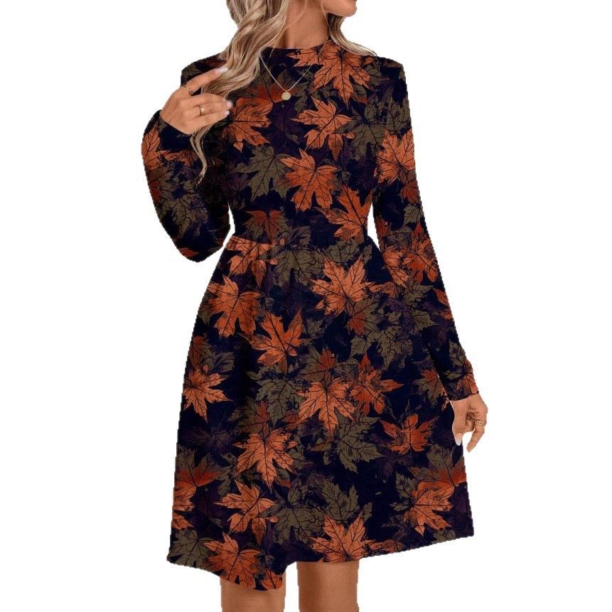 Autumn and winter new casual fashion floral printing long-sleeved stand-up collar dress women's clothing