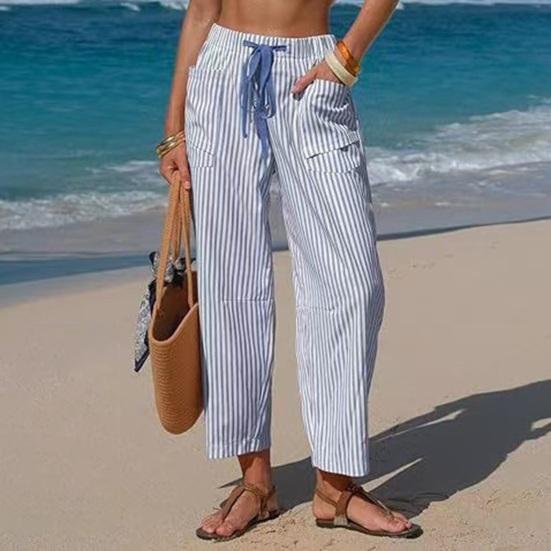 Summer Pants, Casual Wide Leg Trousers for Women, Elastic Drawstring Waist Long Trousers with Striped Print, for Everyday Wear