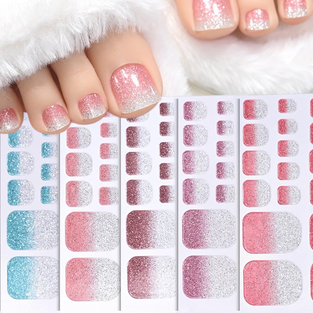 22tips/Sheet Glitter Toe Nail Stickers Toe Nails Art Decals Manicure Full Cover Removable Adhesive DIY Nail Patch Decoration