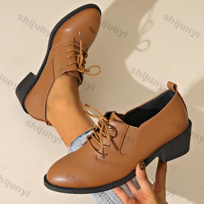 Fashion Women's Elegant Chunky Heels Lace-up Pumps Fashion Solid Color Leather Shoes Women Black Pointed Mid Heeled Loafers Plus Size 43