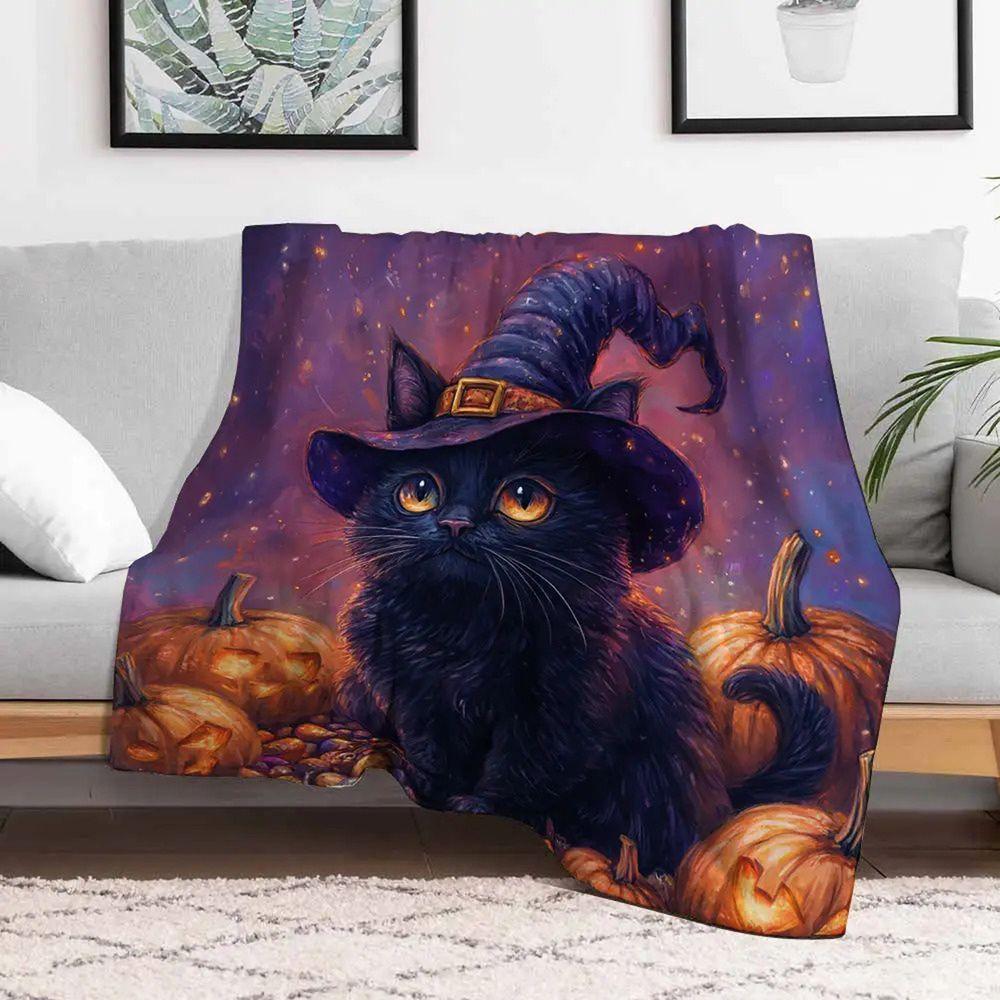 Cute Black Cat Pumpkin Witch Hat Pattern Flannel Throw Blanket Soft Lightweight Bed Sofa Cover, Cozy Decorative Fleece Throw for Home Holiday Gift