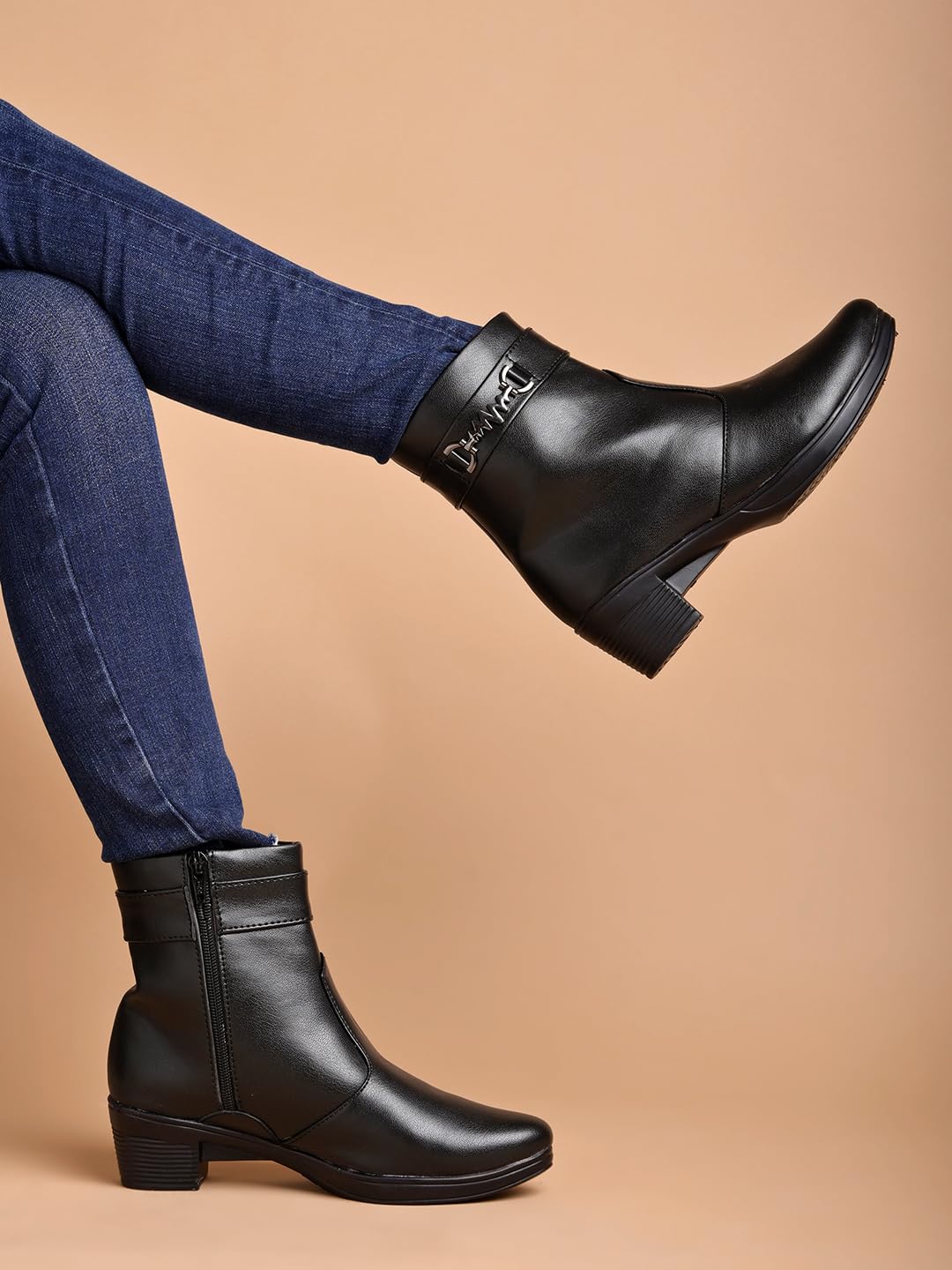 

Women S Black Ankle Boots With Side Zipper And Metal Detail Low Heel Faux Leather Booties For Everyday Comfort And Style 7 UK чёрный