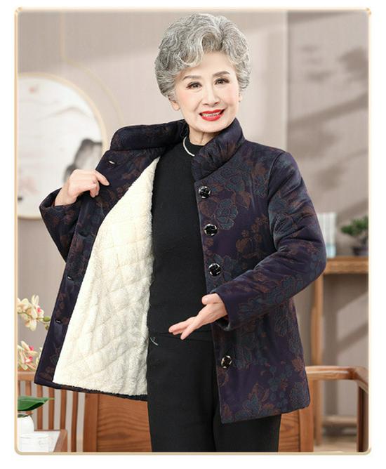 Elderly Women's Winter Fleece-Lined Cotton Jacket for 70-80 Year Olds