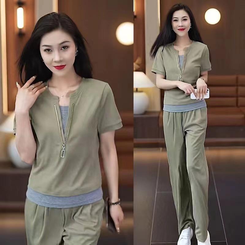 Short Sleeve Casual Sportssuit Women's Summer New Fashion Age-reducing Holiday Two-piece Top Straight-leg Pants Two-piece Set