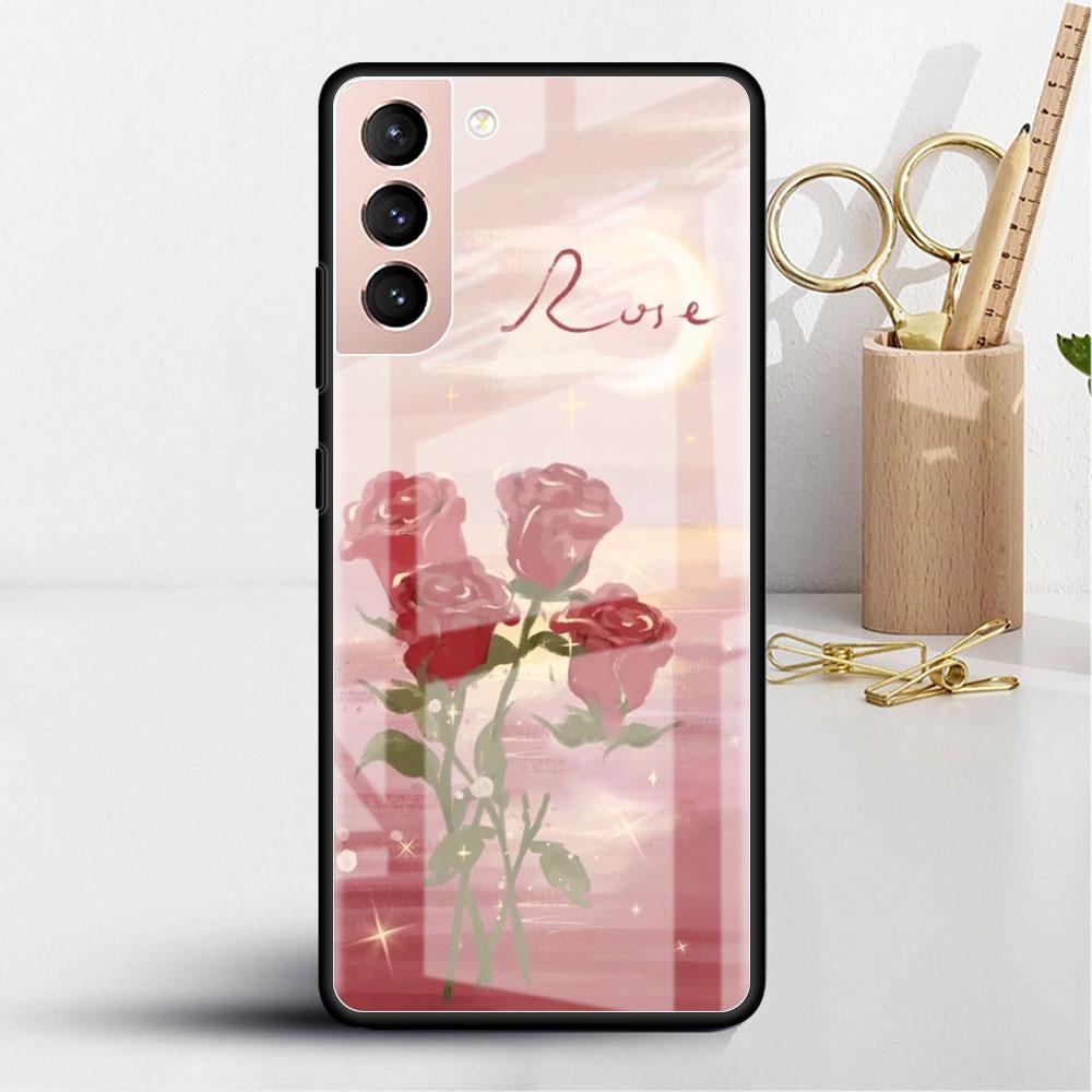 Flower Cute Glass Case For Samsung Galaxy S22 S20 FE S21 Plus Phone Cover S10 5G S9 Note 20 Ultra 10 Lite Shell